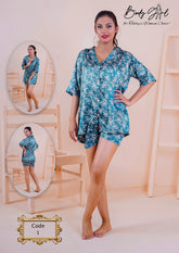Body Girl Print Pajama Set, Short Sleeve Buttons Top & Elastic Waistband Shorts, Women's Sleepwear & Loungewear
