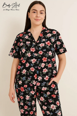 Body Girl Black & Pink Floral Linen Pajama Set with Headband – Elegant Nightwear for Women
