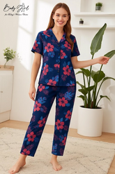 Body Girl Navy Tropical Floral Linen Pajama Set – Elegant & Breezy Women’s Nightwear