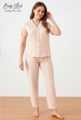 Body Girl Peach Nude Striped Linen Pajama Set – Elegant, Minimal & Ultra-Comfortable Nightwear for Women