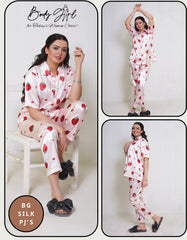 Body Girl BG Silk Pajama Set – Strawberry Print Satin Nightwear