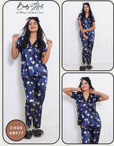 Body Girl Luxury Satin Floral Nightwear Set – Navy Blue