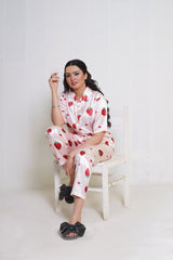Body Girl BG Silk Pajama Set – Strawberry Print Satin Nightwear