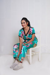 Title: Elegant Sky Green Floral Print Pajama Set – 2-Piece Loungewear