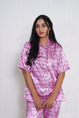 Body Girl Women's Satin Pajama Set - Pink Script Print