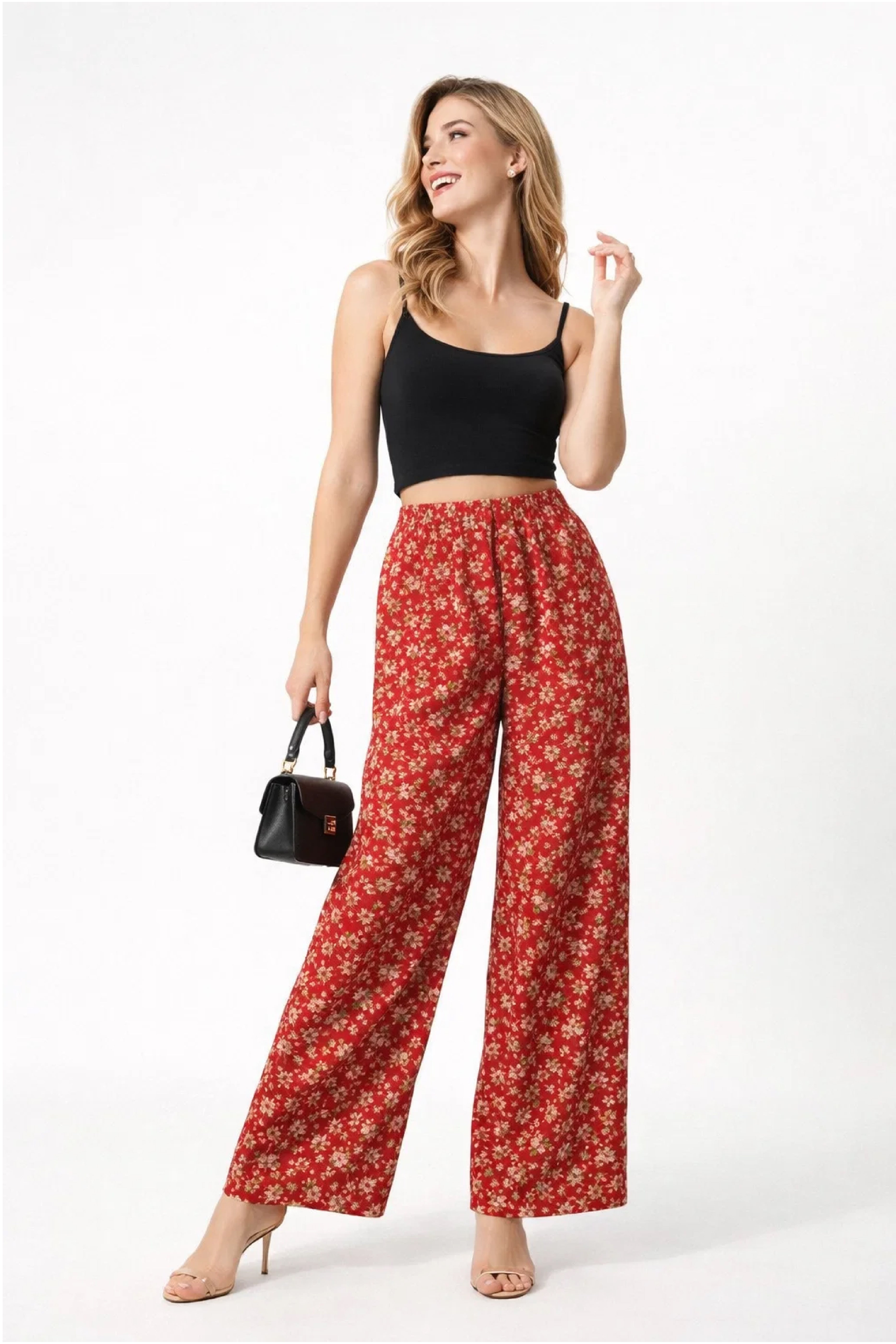 Red Floral Linen Trousers - Luxury Wide-Leg High-Waist Pants for Women | Body Girl