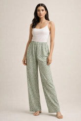 Sage Green Ditsy Floral Linen Trousers - Luxury Wide-Leg Pants for Women | Body Girl