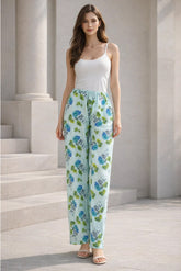 Mint Green Floral Linen Trousers - Luxury Wide-Leg Watercolour Pants for Women | Body Girl