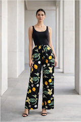 Black Lemon Print Linen Trousers - Luxury Wide-Leg Tropical Pants for Women | Body Girl