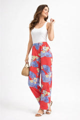 Red Tropical Print Linen Trousers - Luxury Wide-Leg Floral Leaf Pants for Women | Body Girl
