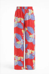 Red Tropical Print Linen Trousers - Luxury Wide-Leg Floral Leaf Pants for Women | Body Girl