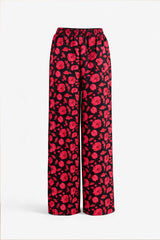 Black Rose Print Linen Trousers - Luxury Wide-Leg Floral Pants for Women | Body Girl