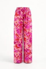 Hot Pink Floral Linen Trousers - Luxury Wide-Leg Bold Print Pants for Women | Body Girl