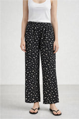 Black Ditsy Floral Linen Trousers - Luxury Wide-Leg Pants for Women | Body Girl