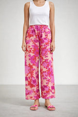 Hot Pink Floral Linen Trousers - Luxury Wide-Leg Bold Print Pants for Women | Body Girl