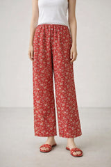 Red Floral Linen Trousers - Luxury Wide-Leg High-Waist Pants for Women | Body Girl