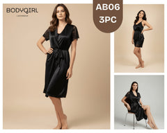 Silk Nightwear Set - 3 Piece Luxury Robe, Cami & Shorts with Lace