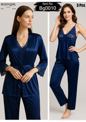 Silk Nightwear Set - 3 Piece Luxury Robe, Cami & Pants with Lace