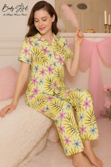 Body Girl Tropical Yellow Floral Linen Pajama Set – Lightweight, Breezy & Elegant Women’s Nightwear