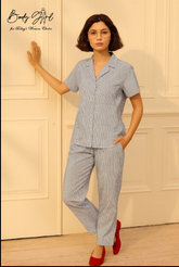 Body Girl Premium Blue Striped Linen Pajama Set – Classic & Comfortable Women’s Nightwear