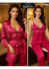 Silk Nightwear Set - 3 Piece Luxury Robe, Cami & Pants with Lace