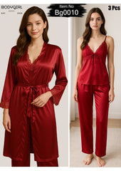 Silk Nightwear Set - 3 Piece Luxury Robe, Cami & Pants with Lace