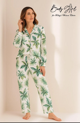 Body Girl Premium White & Green Tropical Leaf Linen Pajama Set – Elegant & Breezy Women’s Nightwear
