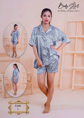 Body Girl Print Pajama Set, Short Sleeve Buttons Top & Elastic Waistband Shorts, Women's Sleepwear & Loungewear