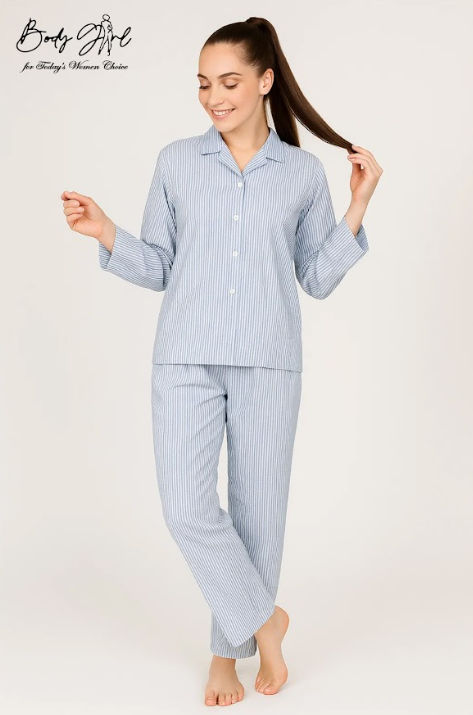 Body Girl Blue & White Pinstripe Linen Pajama Set – Classic Comfort Nightwear for Women