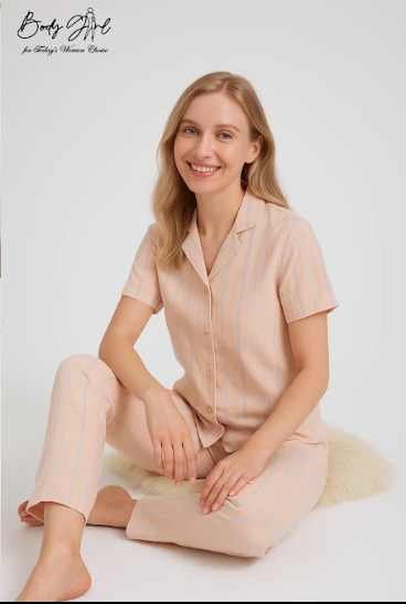 Body Girl Peach Nude Striped Linen Pajama Set – Elegant, Minimal & Ultra-Comfortable Nightwear for Women