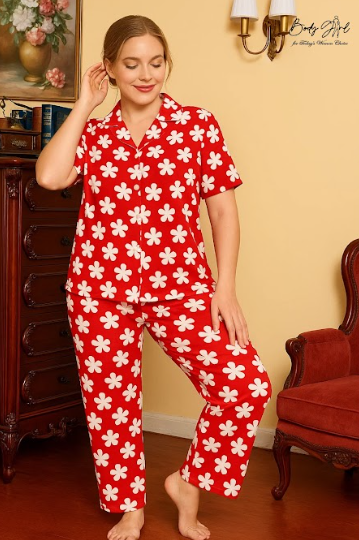 Body Girl Bold Red Floral Linen Pajama Set – Statement Style & Ultra-Soft Comfort Nightwear for Women