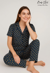 Body Girl Navy Mini Floral Linen Pajama Set – Elegant & Comfy Women’s Nightwear