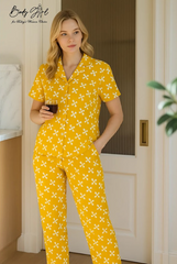 Body Girl Yellow Floral Geometric Linen Pajama Set – Bright & Playful Women’s Nightwear