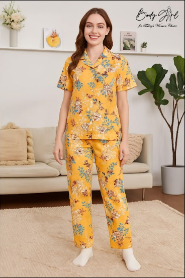 Body Girl Mustard Floral Linen Pajama Set – Elegant, Soft & Cozy Women’s Nightwear