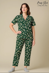 Body Girl Deep Green Daisy Floral Linen Pajama Set – Elegant & Cozy Women’s Nightwear