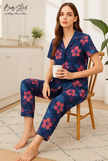 Body Girl Navy Tropical Floral Linen Pajama Set – Elegant & Breezy Women’s Nightwear