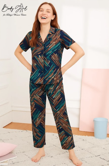 Body Girl Premium Teal & Brown Geometric Linen Pajama Set – Bold, Modern & Comfortable Women’s Nightwear