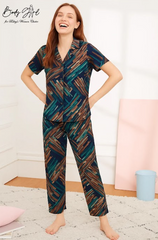 Body Girl Premium Teal & Brown Geometric Linen Pajama Set – Bold, Modern & Comfortable Women’s Nightwear