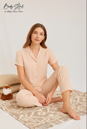 Body Girl Peach Nude Striped Linen Pajama Set – Elegant, Minimal & Ultra-Comfortable Nightwear for Women