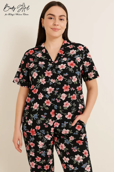 Body Girl Black & Pink Floral Linen Pajama Set with Headband – Elegant Nightwear for Women