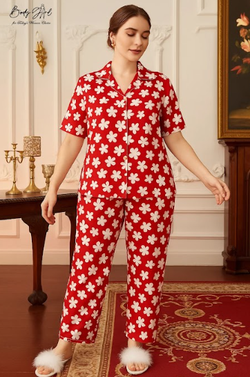 Body Girl Bold Red Floral Linen Pajama Set – Statement Style & Ultra-Soft Comfort Nightwear for Women