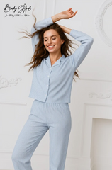 Body Girl Blue & White Pinstripe Linen Pajama Set – Classic Comfort Nightwear for Women