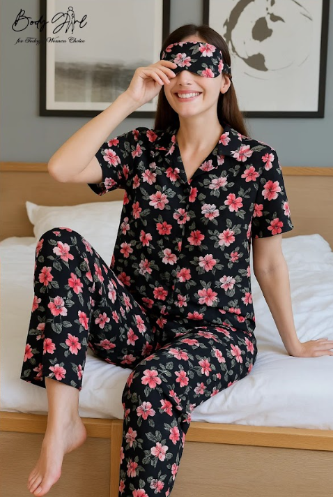 Body Girl Black & Pink Floral Linen Pajama Set with Headband – Elegant Nightwear for Women