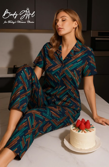 Body Girl Premium Teal & Brown Geometric Linen Pajama Set – Bold, Modern & Comfortable Women’s Nightwear