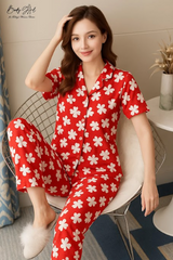 Body Girl Bold Red Floral Linen Pajama Set – Statement Style & Ultra-Soft Comfort Nightwear for Women