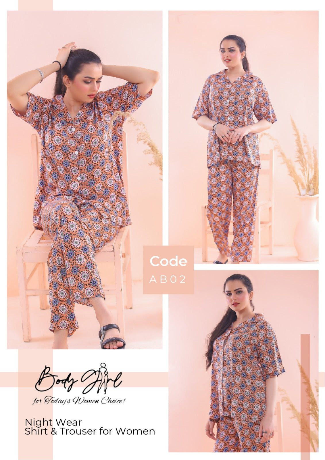 Body Girl Floral Printed Shirt & Trouser Night Wear For Girls & Women Free Size