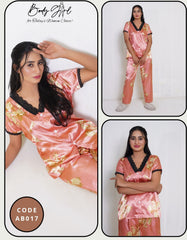Body Girl Women’s 2-Piece Nightwear Set – Orange Printed Pajama & Top | Soft & Comfortable Sleepwear
