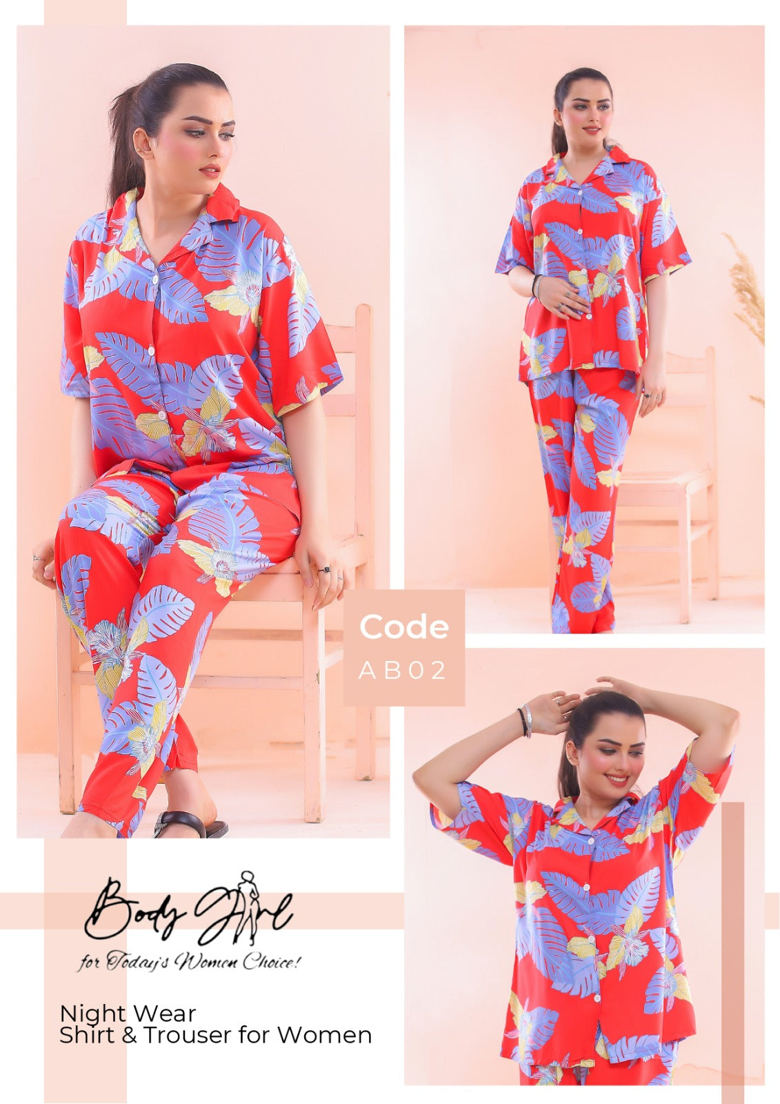 Body Girl Floral Printed Shirt & Trouser Night Wear For Girls & Women Free Size