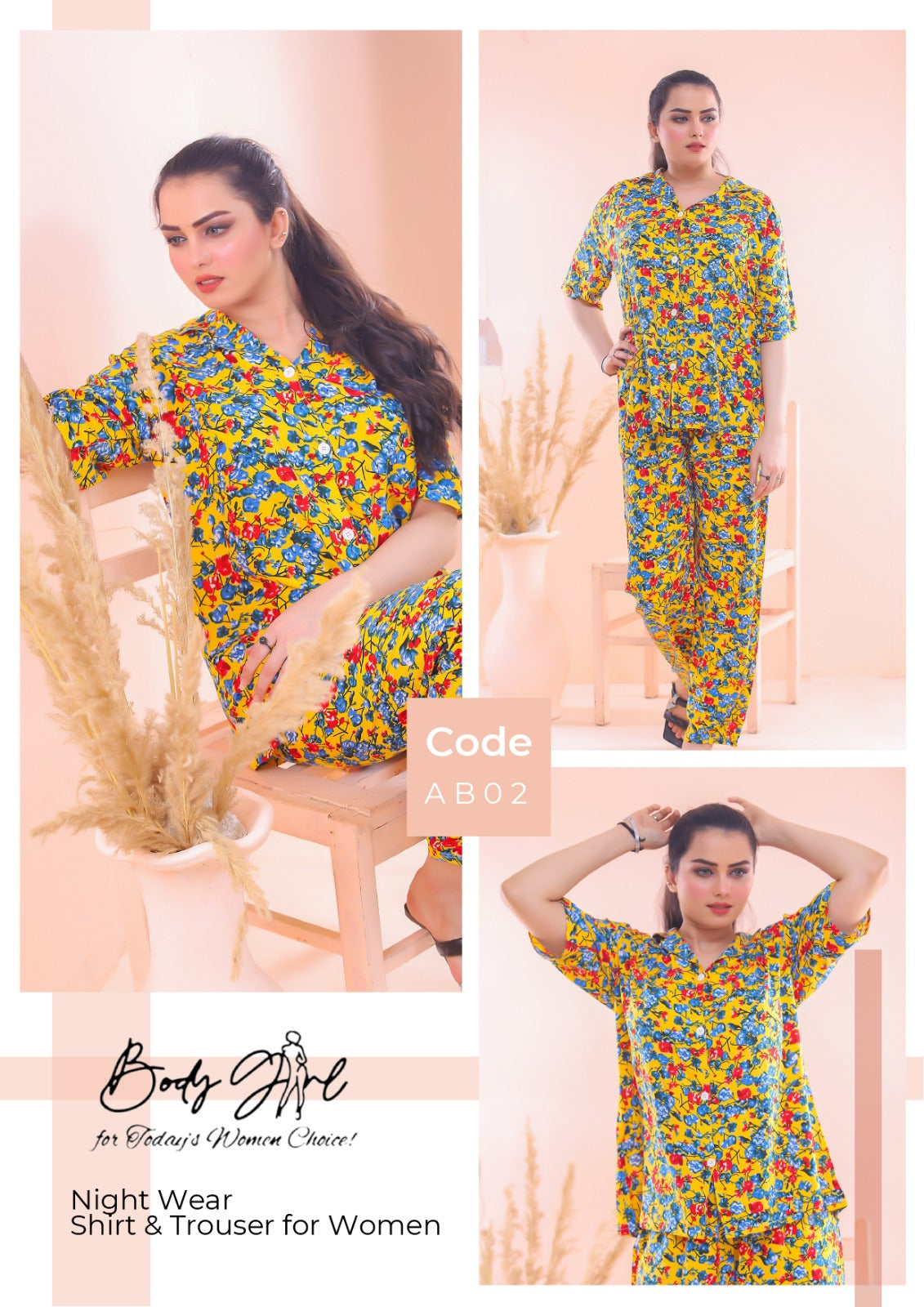 Body Girl Floral Printed Shirt & Trouser Night Wear For Girls & Women Free Size