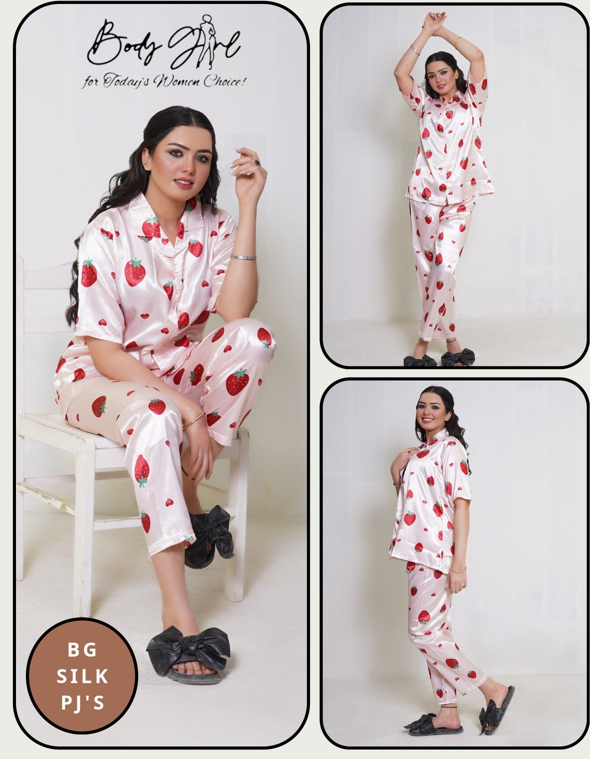 Body Girl BG Silk Pajama Set – Strawberry Print Satin Nightwear